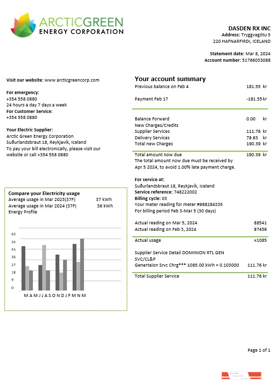 Iceland Arctic Green Energy Corporation electricity business utility bill template in Word and PDF PSD template